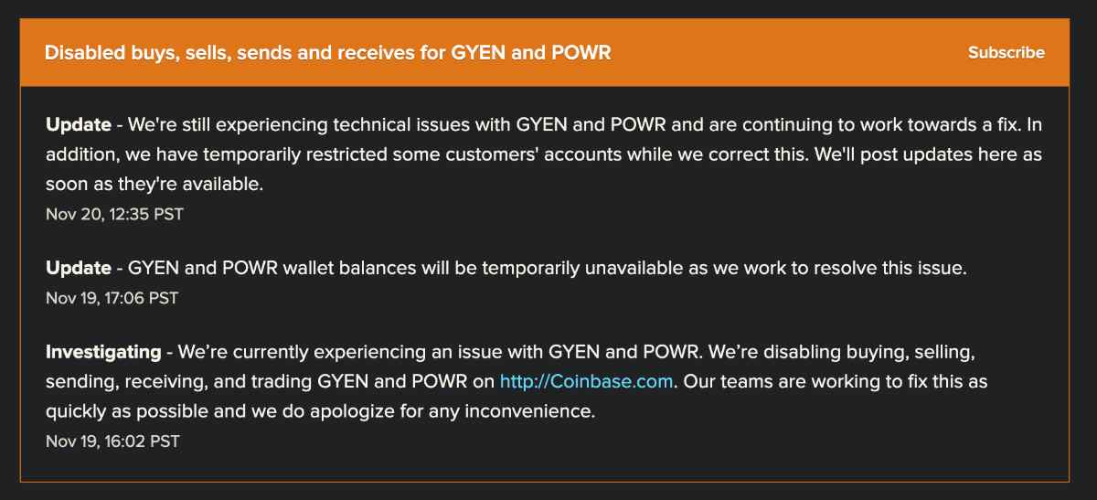 coinbase prelievi sospesi Gyen Powr account