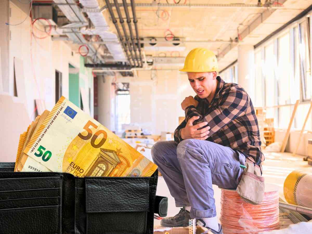 sfondo operaio con male al braccio e portafoglio con banconote euro