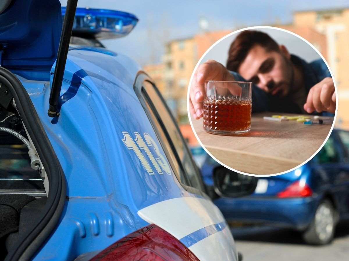 sfondo posto di blocco polizia e tondo con ragazzo sotto effetto di alcol e droghe