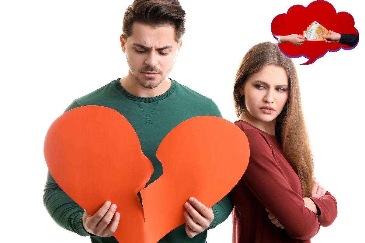 uomo e donna con cuore spezzato e nuvola fumetto con banconote