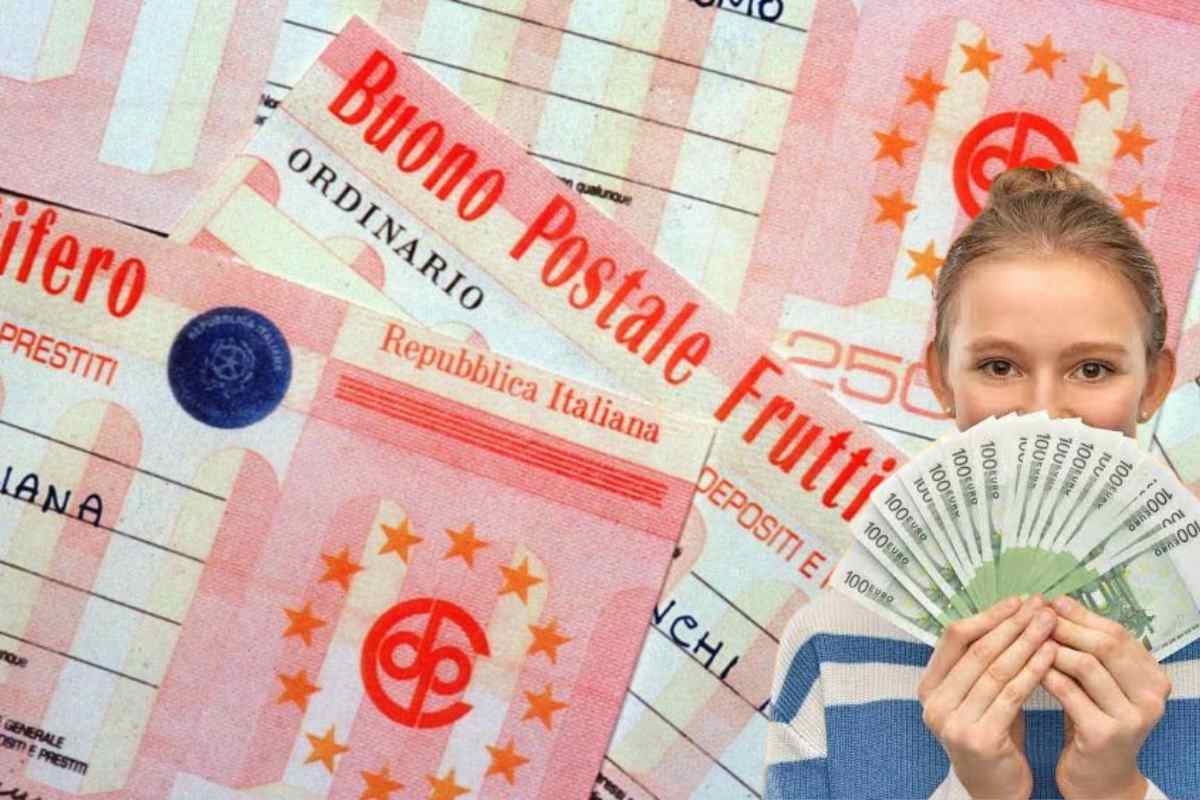 buoni fruttiferi postali e donna con banconote da 100 euro in mano