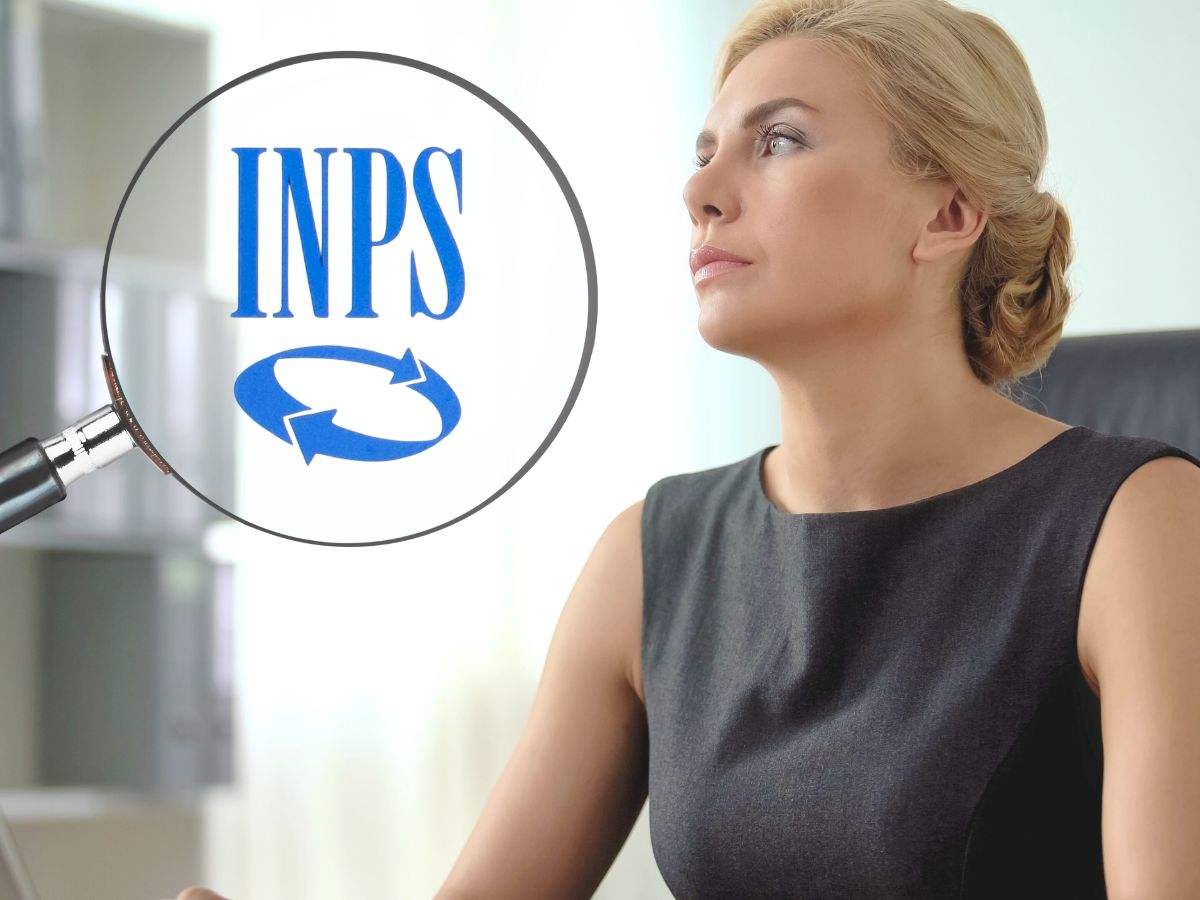 sfondo donna guarda vuoto e lente d'ingrandimento con logo INPS