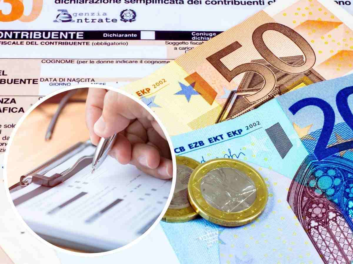 sfondo modello 730 e banconote euro e persona che scrive documento