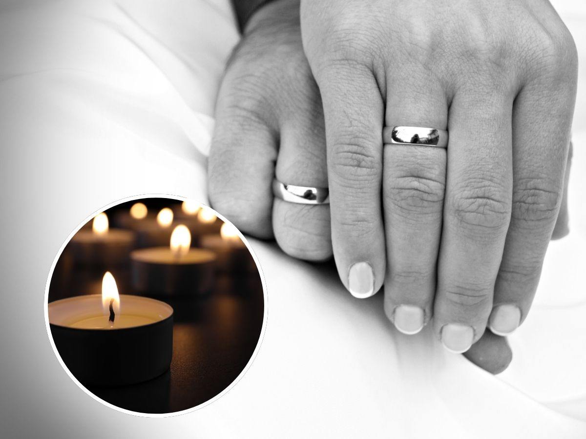 sfondo mani con fedi in bianco e nero e tondo con candele accese