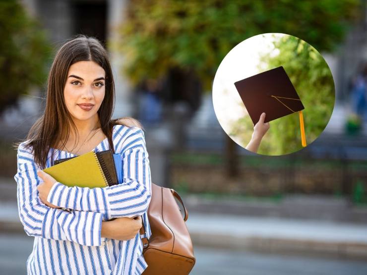 Studentessa abbracciata ai libri che pensa al cappello di laurea