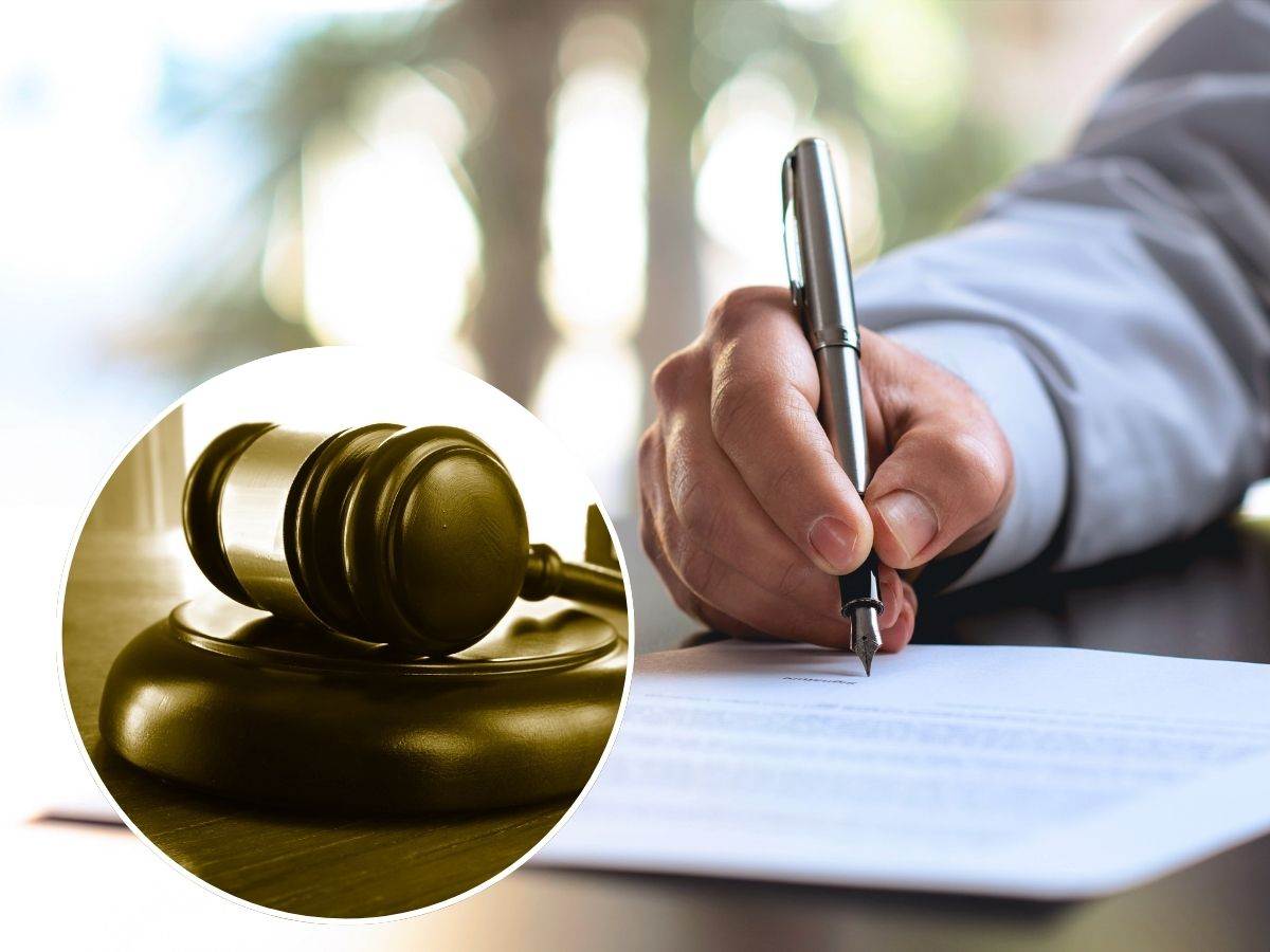 sfondo mano che scrive documento e tondo con martelletto del giudice