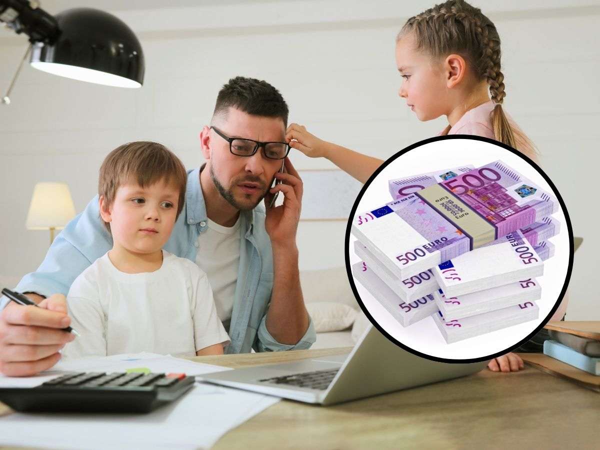 sfondo papà con bambini al pc e tondo con banconote da 500 euro