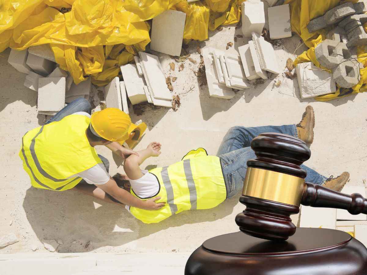 sfondo infortunio sul lavoro con operai e martelletto del giudice