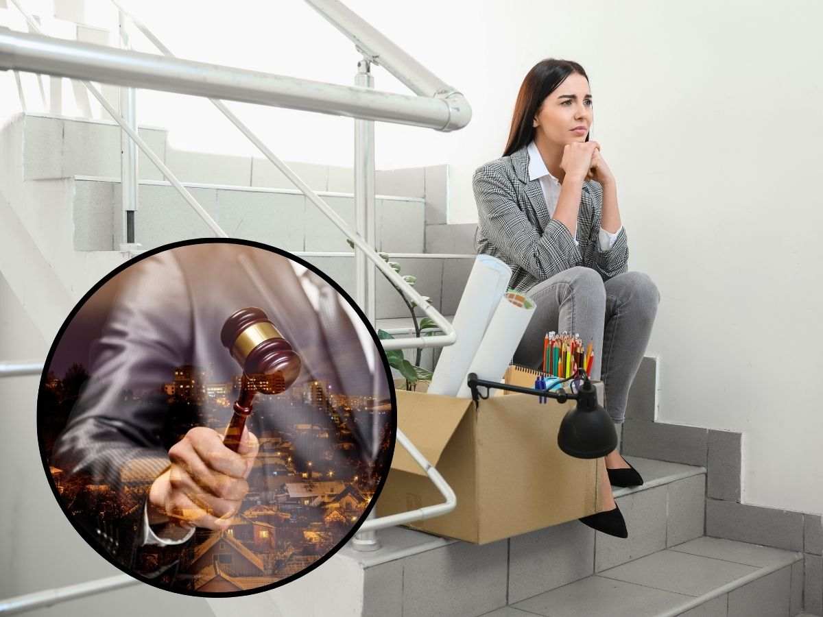 lavoratrice licenziata sulle scale e tondo con braccio che sbatte martelletto giudice