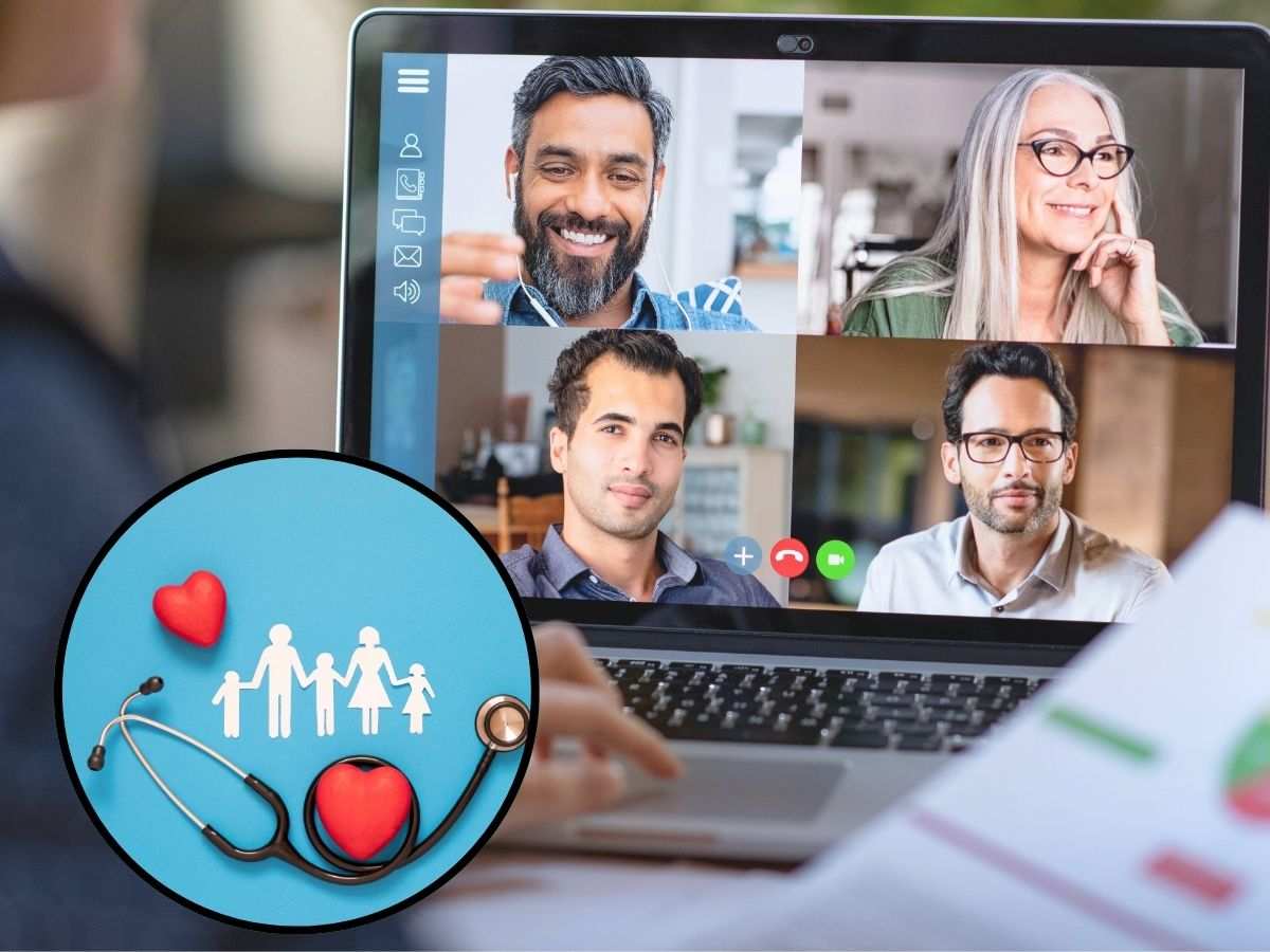 sfondo lavoratore in Smart Working e tondo con simboli salute e sagoma famiglia