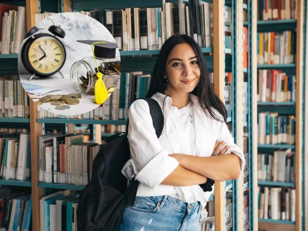Ragazza vicino alla libreria e tasse universitarie da pagare