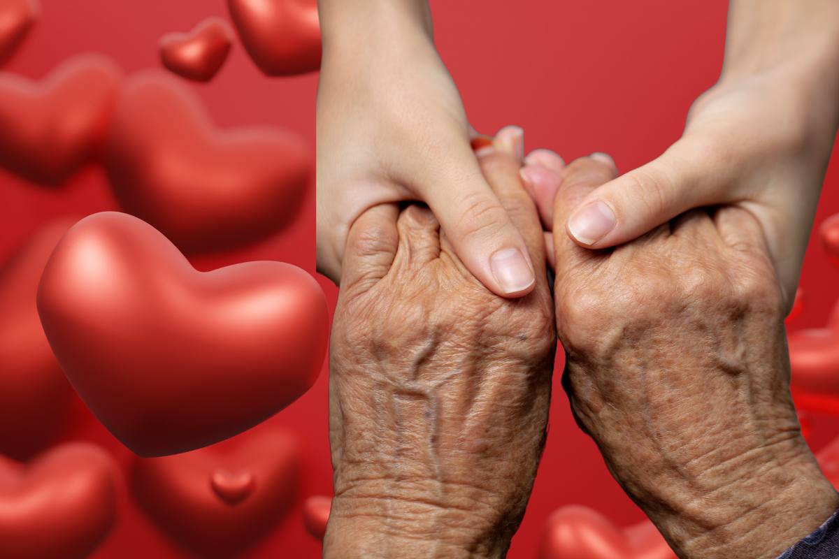 mani giovani che tengono mani anziane e tutto intorno cuori rossi