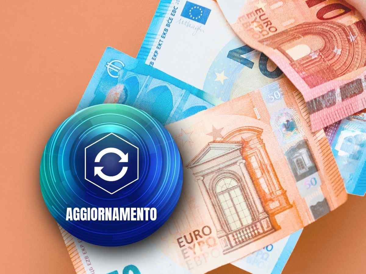 sfondo banconote euro e tondo con simbolo di aggiornamento