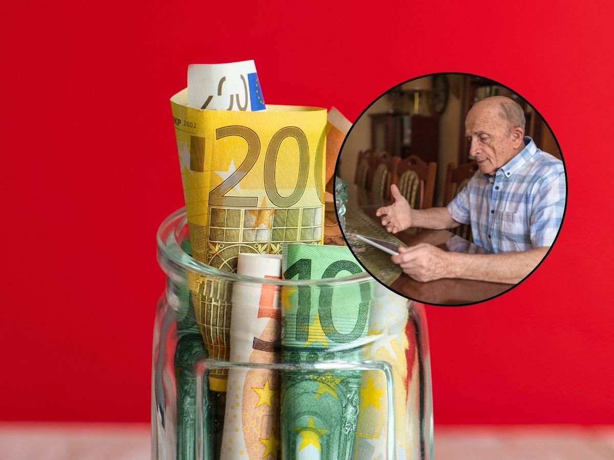 sfondo barattolo euro e tondo con anziano nervoso