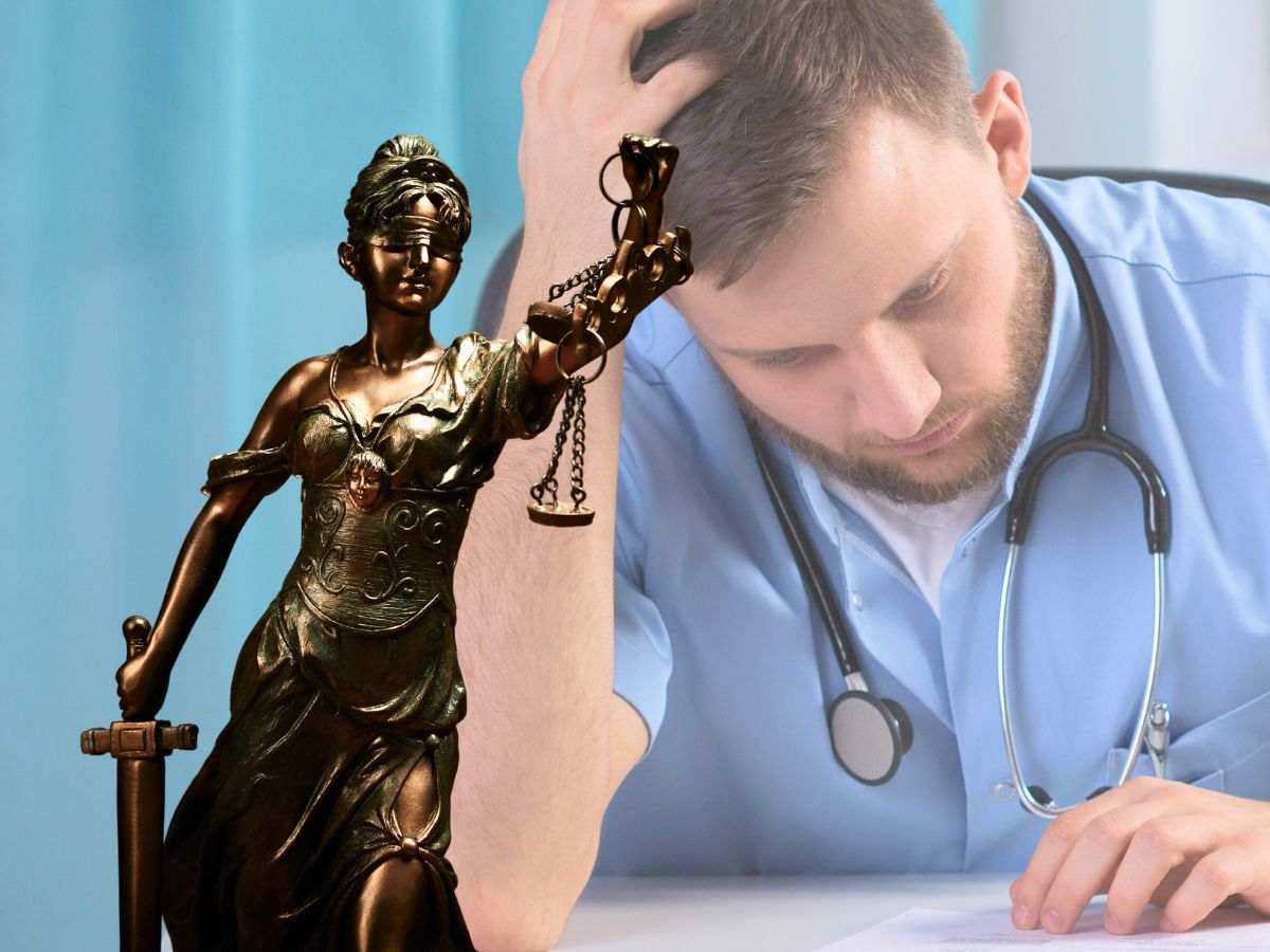 sfondo infermiere e statuetta Dea Giustizia
