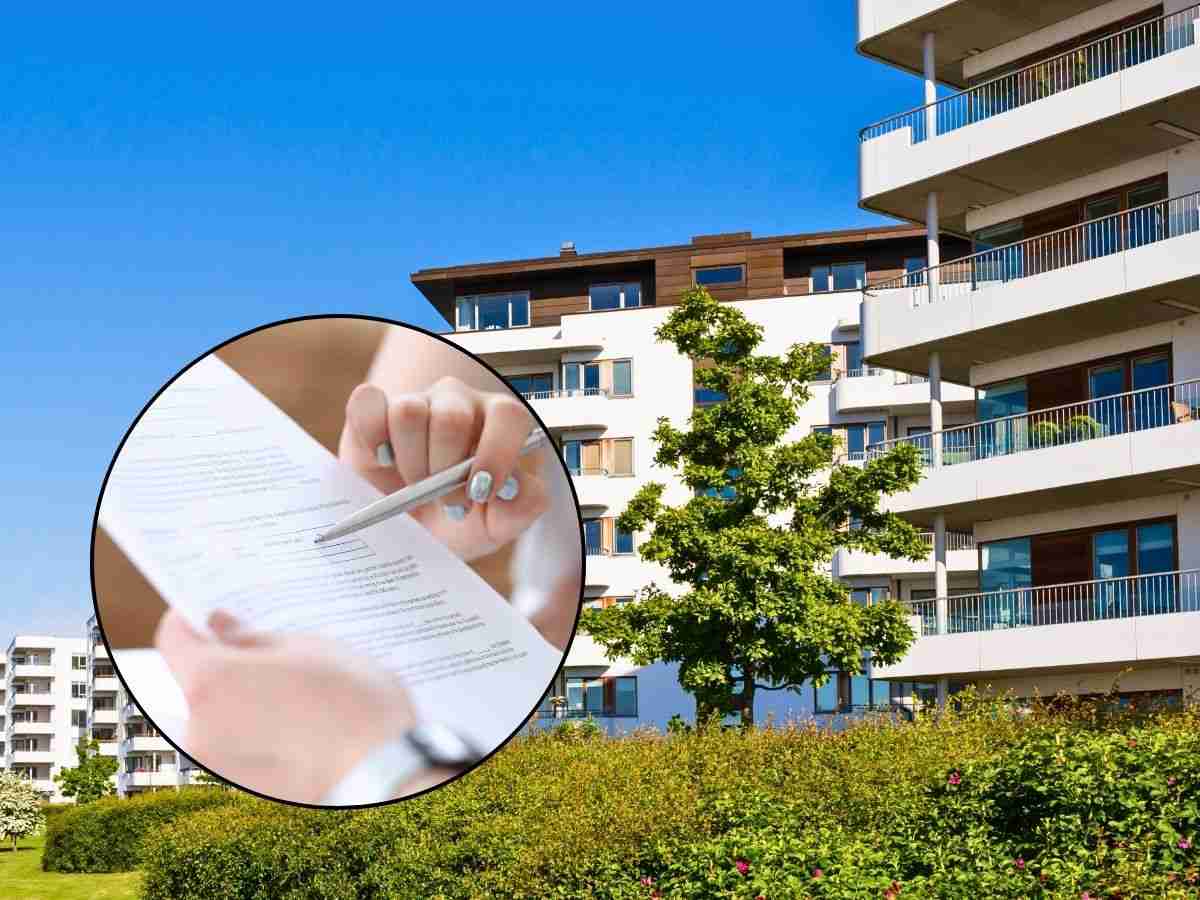 sfondo condominio e tondo con mani che studiano documento