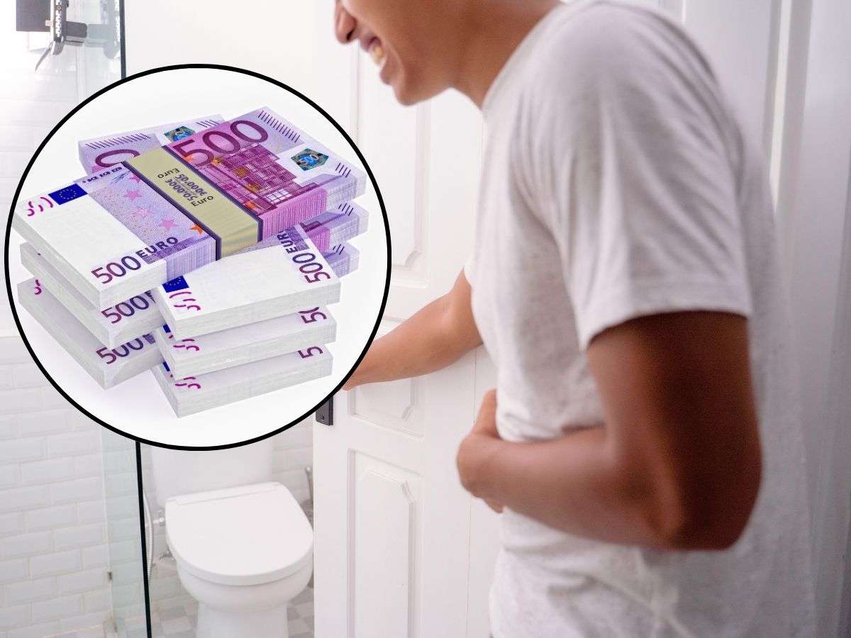 uomo con mal di stomaco e bagno e tondo con banconote 500 euro