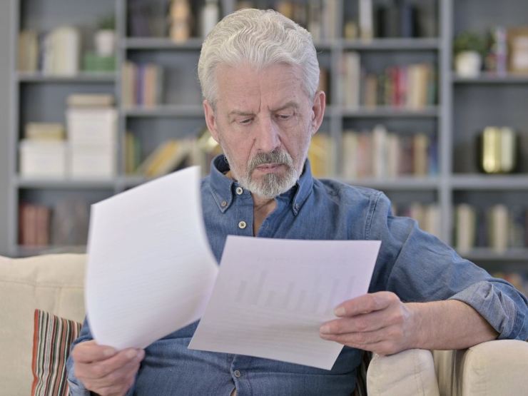 anziano legge documenti seduto sul divano