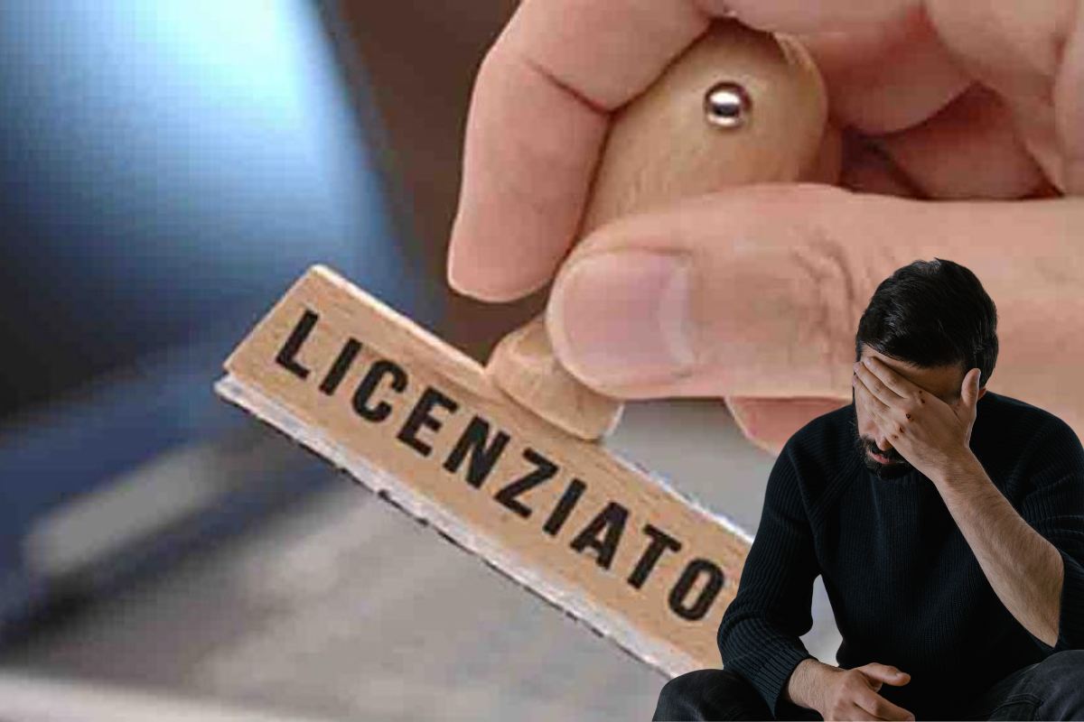 uomo disperato e timbro scritta licenziato