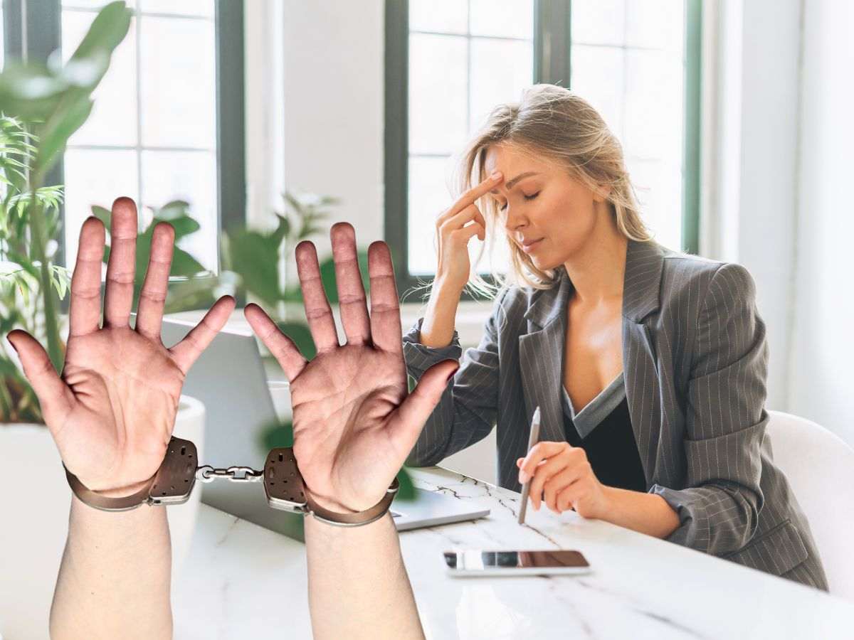 sfondo lavoratrice ufficio disperata e mani in manette
