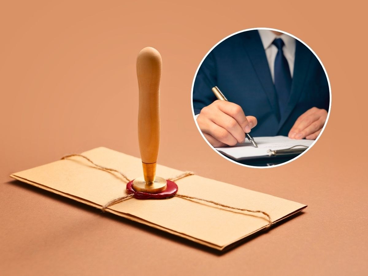 sfondo testamento con timbro e tondo con uomo che scrive