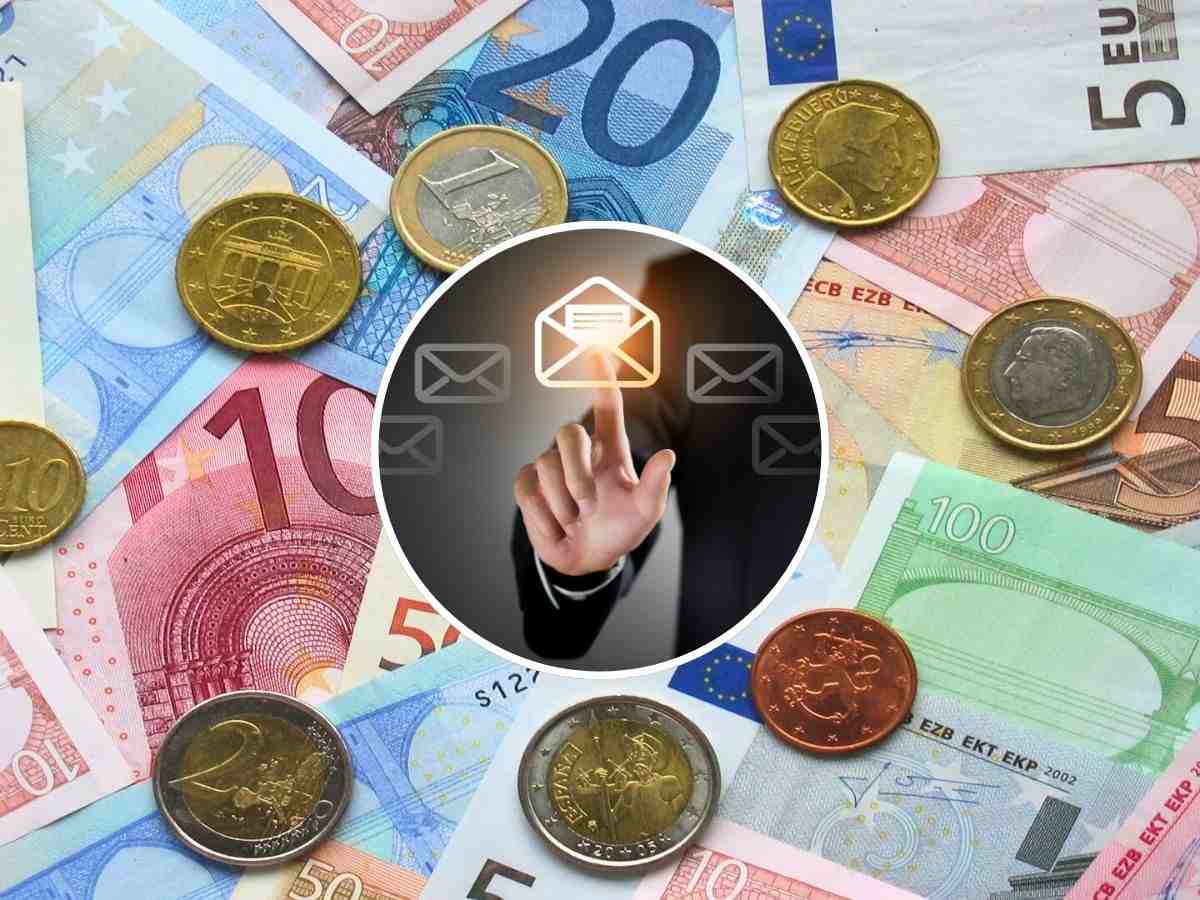 sfondo banconote e monete euro e tondo con simbolo lettera