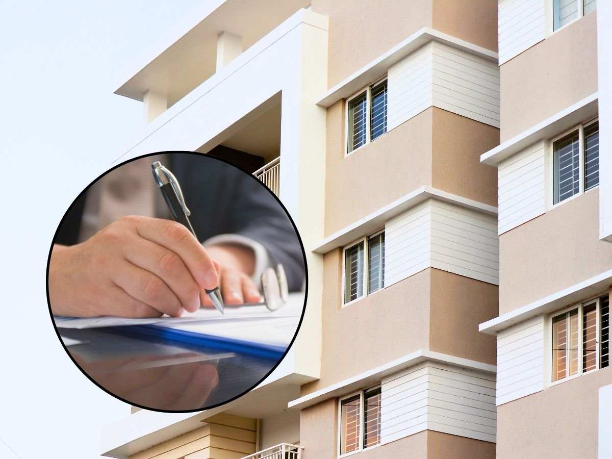 sfondo edificio e tondo con mano che scrive documento