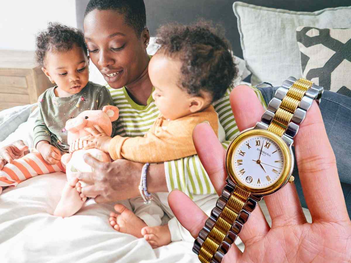 sfondo donna con figli e mano con orologio