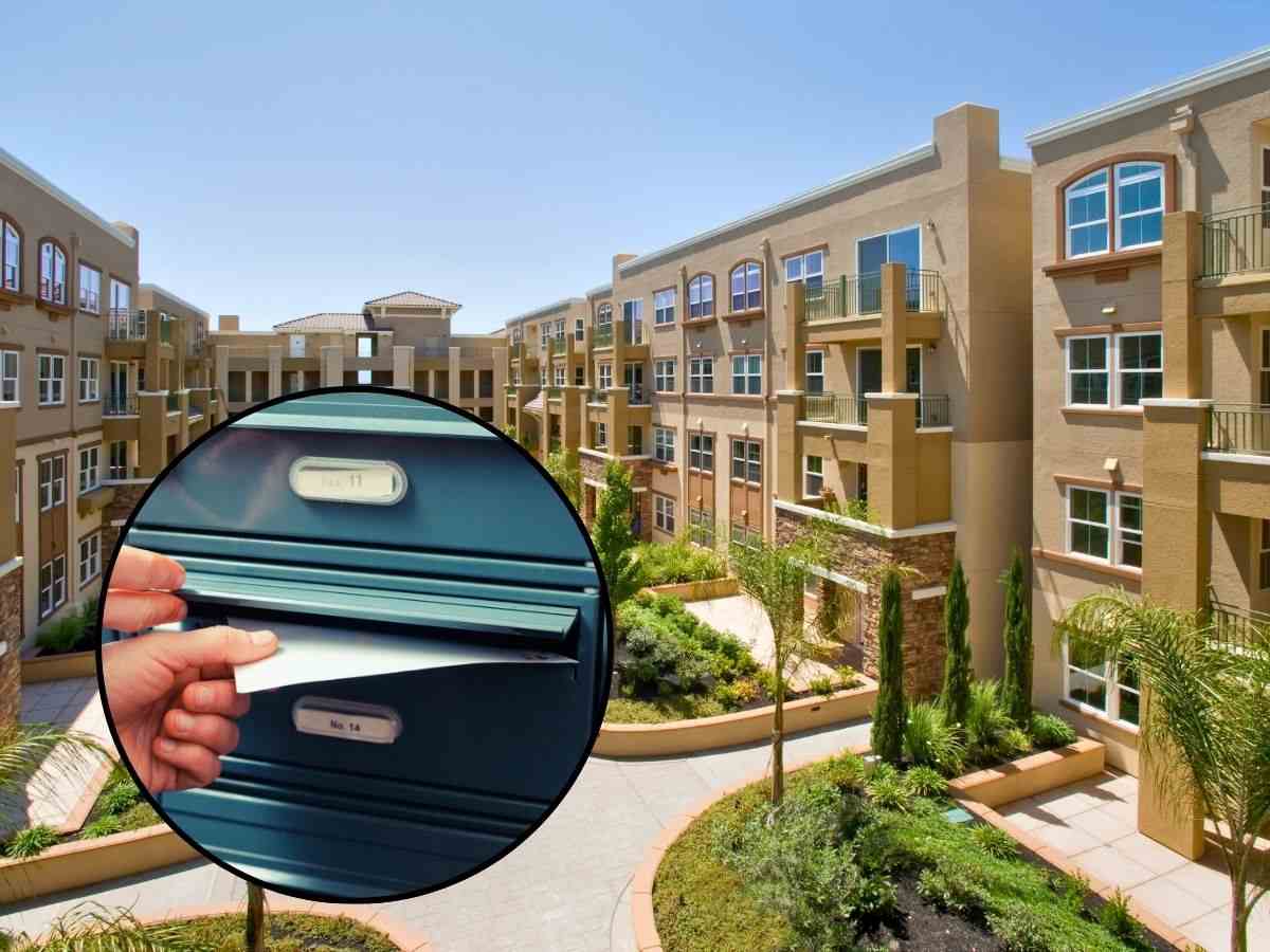 sfondo palazzine condominio e tondo con lettera imbucata