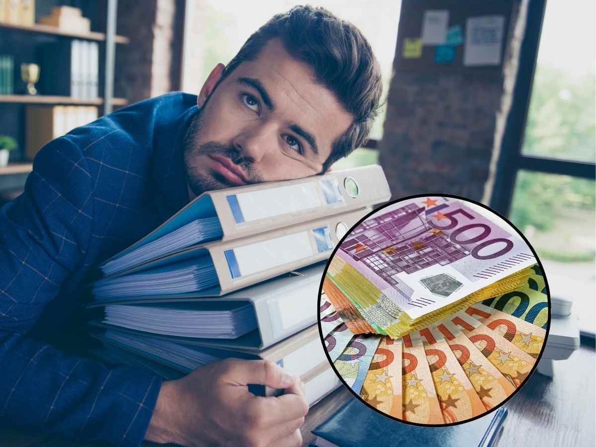 sfondo lavoratore con testa poggiata su cartelle e tondo con banconote euro