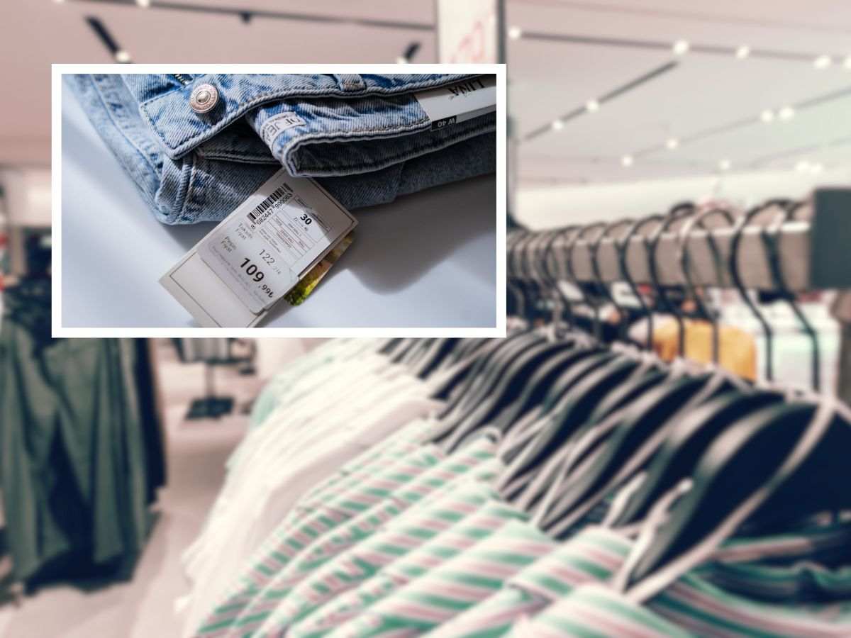 sfondo negozio vestiti e quadrato con prezzo jeans