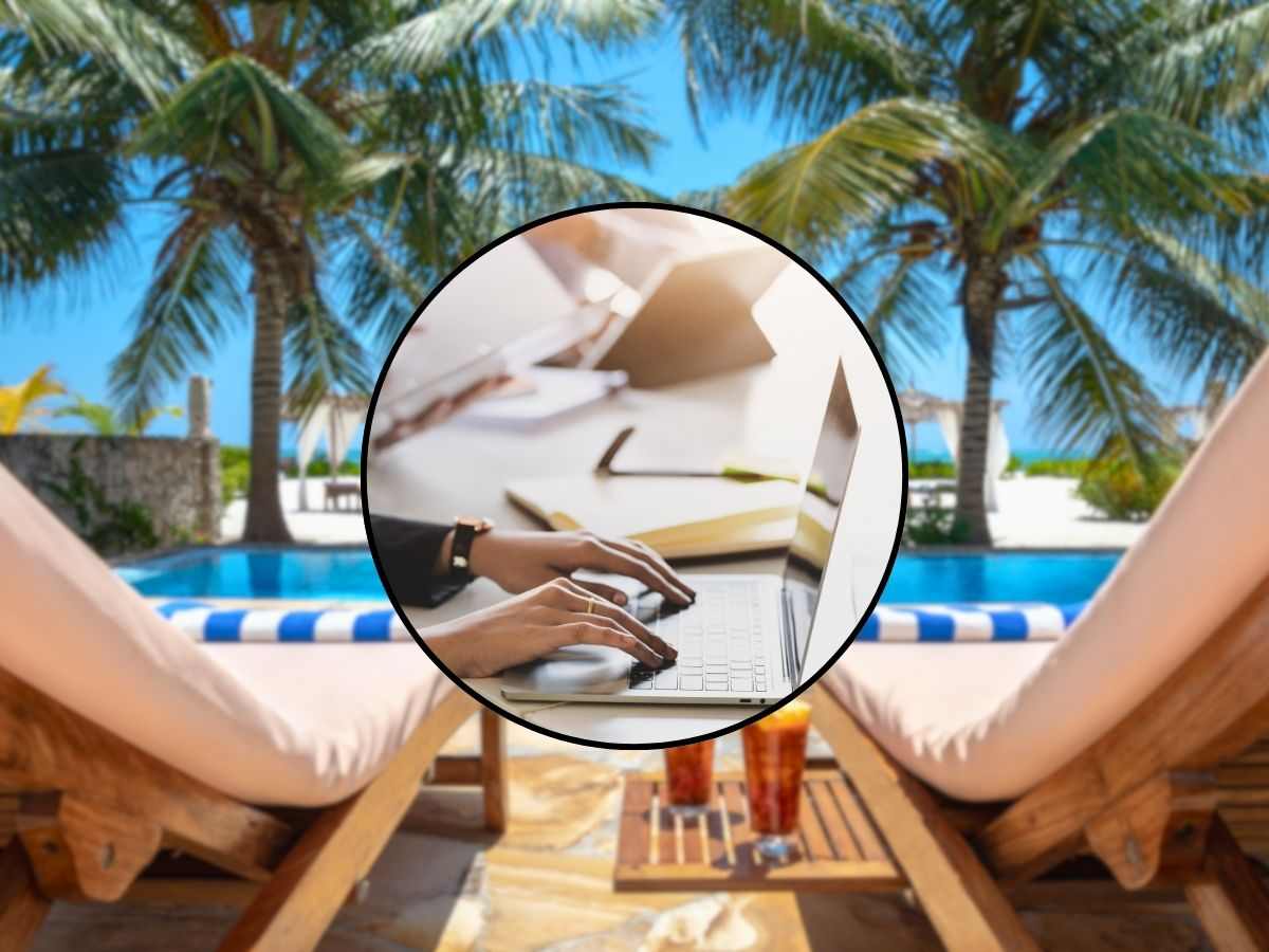 sfondo sdraio a bordo piscina e tondo con persona al pc