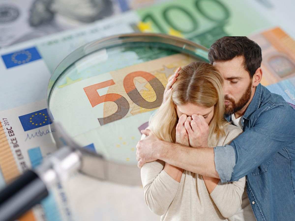 sfondo banconote euro con lente di ingrandimento e coppia abbracciata triste