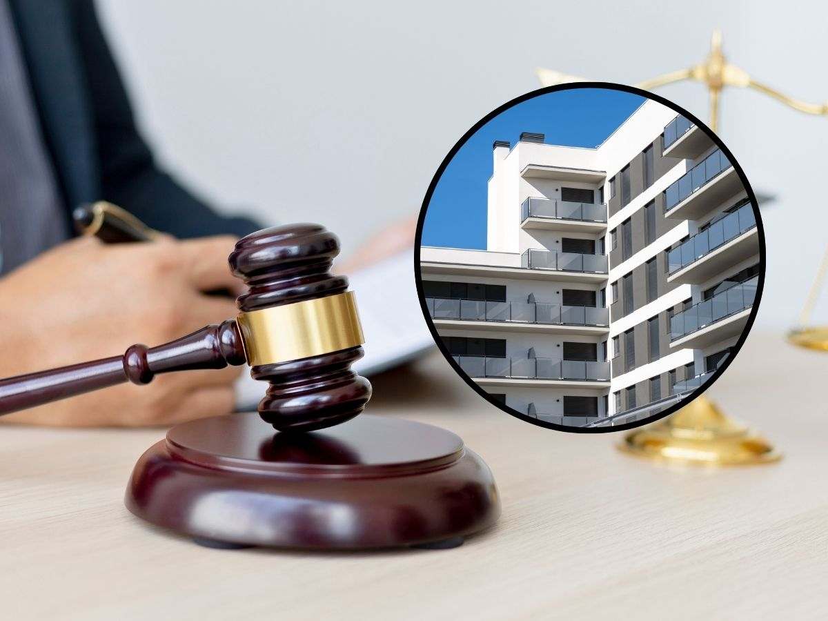 sfondo uomo a scrivania con simboli giurisprudenza e tondo con palazzina
