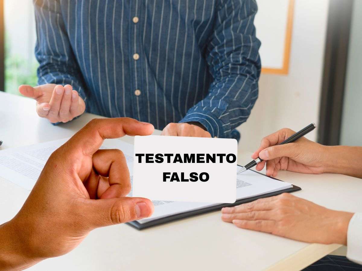 sfondo persone parlano davanti documento e cartellino con scritta testamento falso
