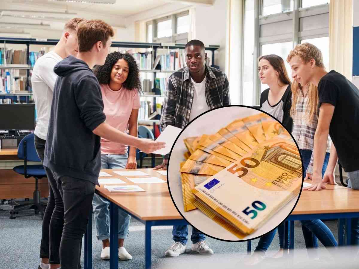 studenti parlano tra loro e tondo con banconote 50 euro