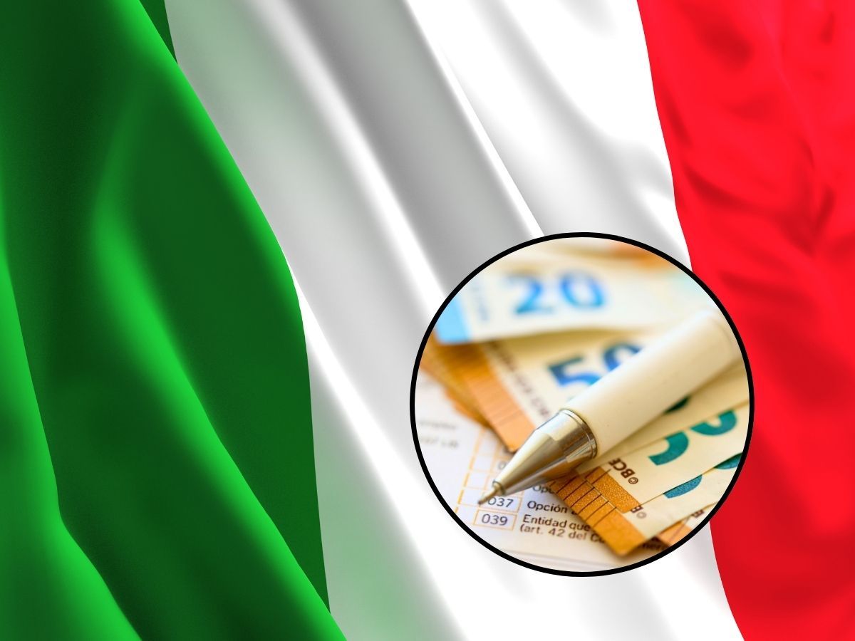 sfondo bandiera italiana e tondo con penna, documento e banconote euro
