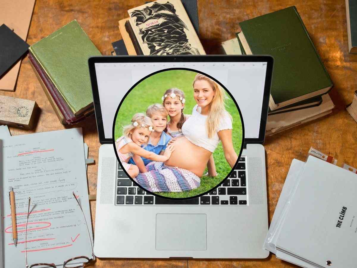 sfondo scrivania con computer e documenti e tondo con mamma incinta e figli
