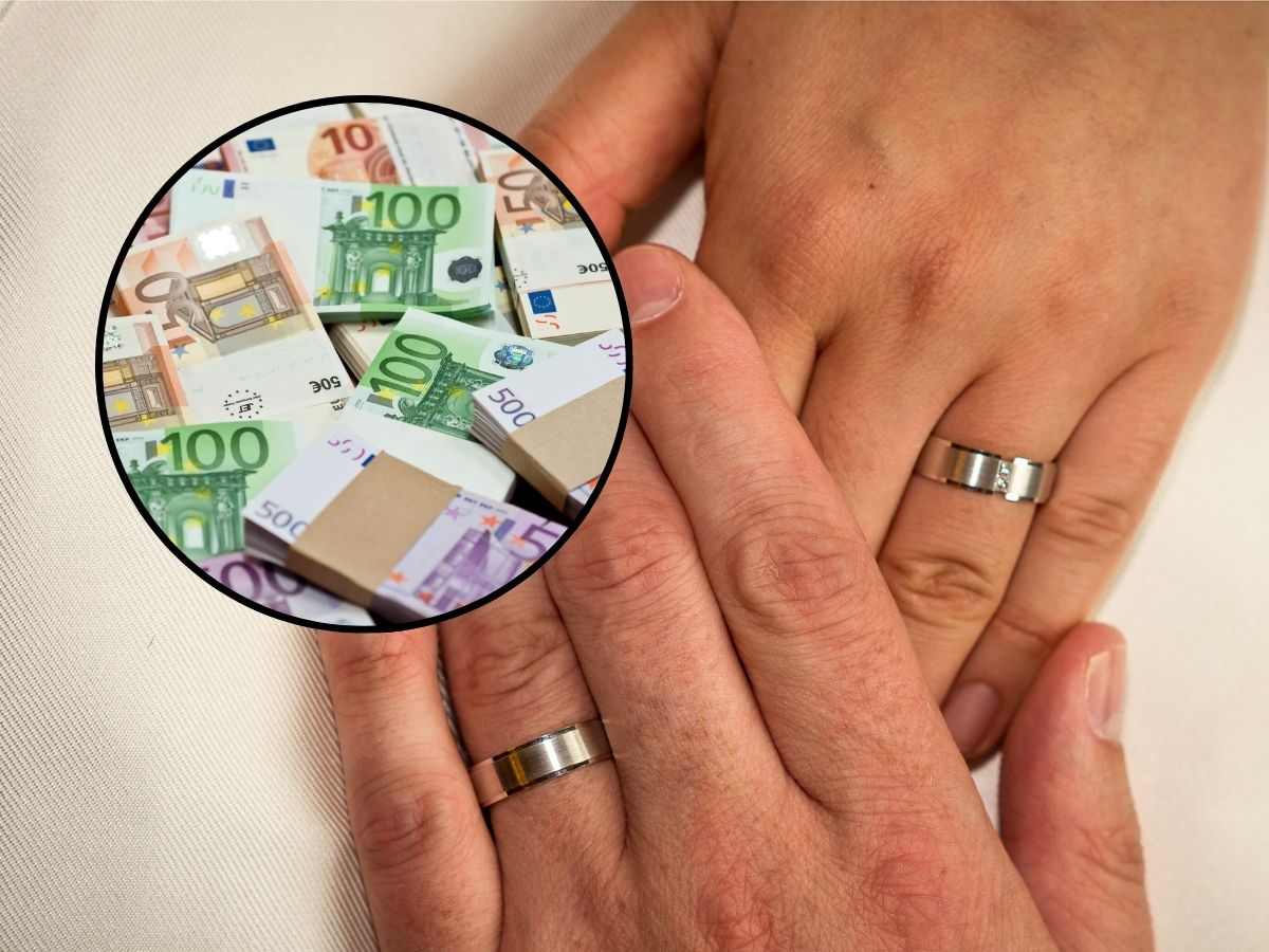 sfondo mani con fedi e tondo con banconote euro