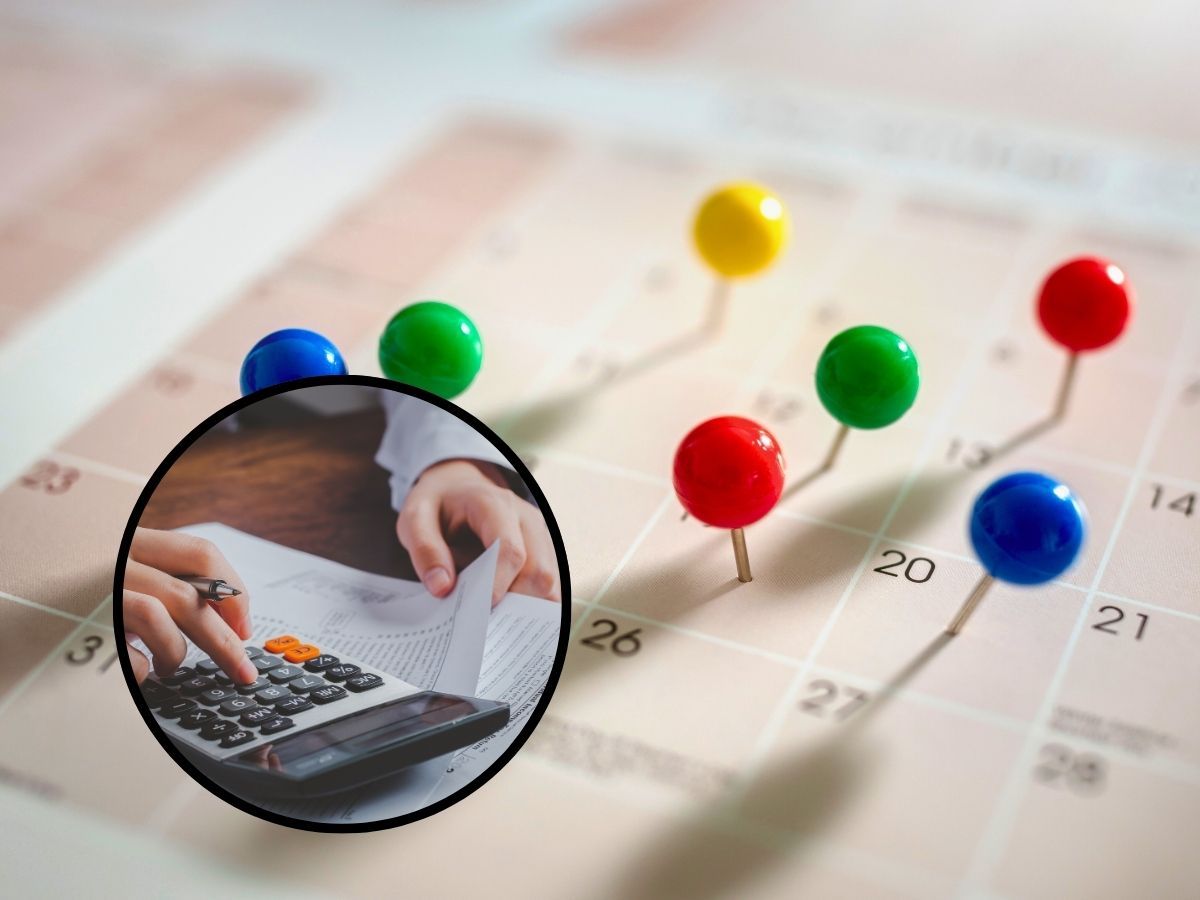 sfondo calendario con puntine e tondo con mani che fanno calcoli alla calcolatrice