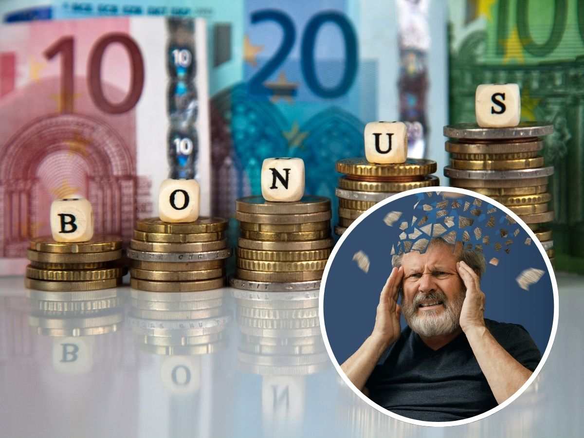 sfondo banconote e monete euro con scritta bonus e tondo con anziano con Alzheimer
