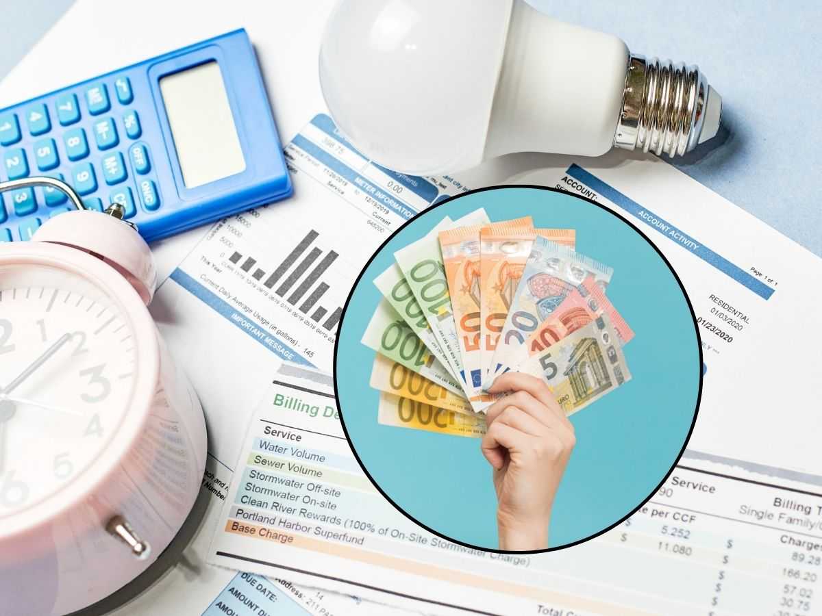sfondo bollette e tondo con banconote euro in mano