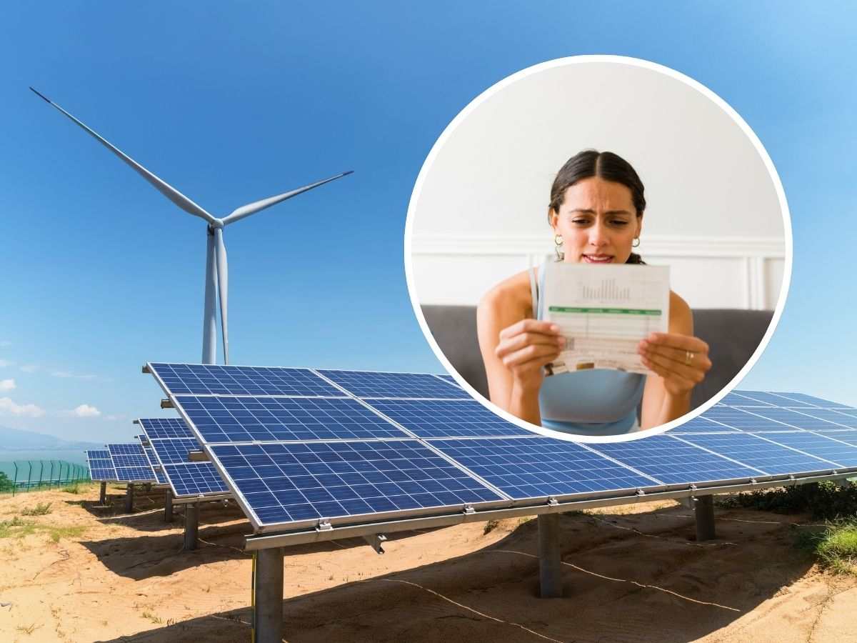 sfondo fotovoltaico e minieolico e tondo con ragazza con bolletta