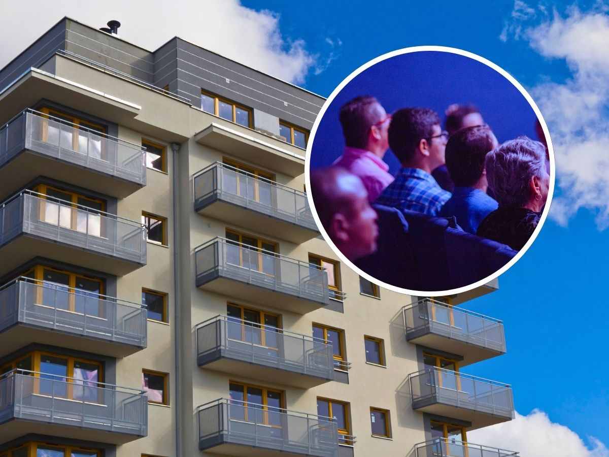 sfondo palazzo condominio e tondo persone sedute di spalle
