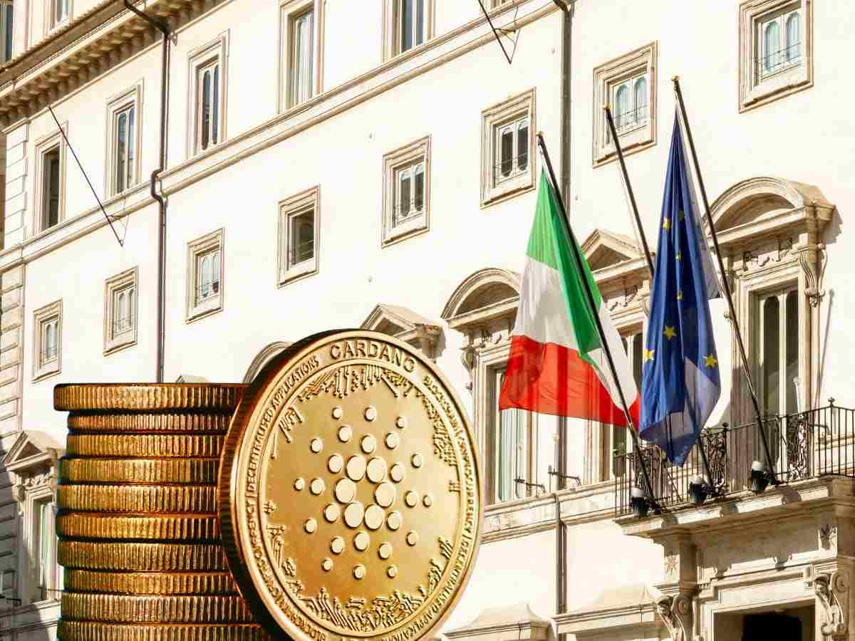 sfondo palazzo con bandiera italiana e di unione europea e criptovalute