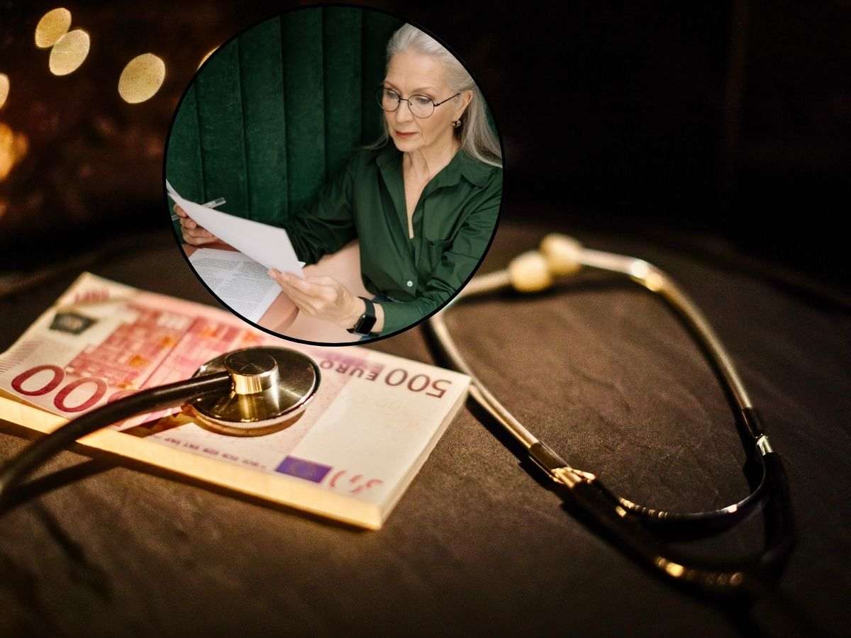 sfondo stetoscopio e banconota 500 euro e tondo con donna che legge documento