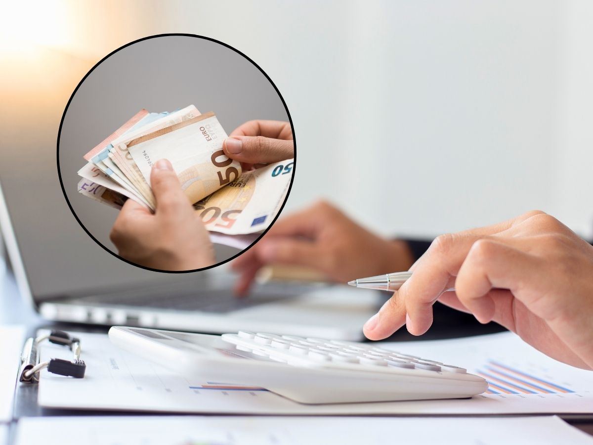 sfondo persona fa calcoli a mano e tondo con banconote euro
