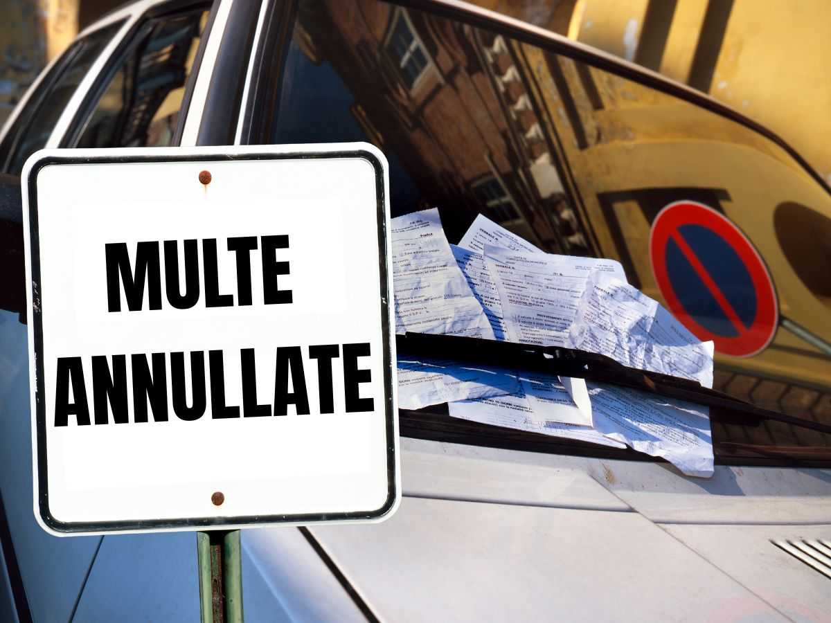 sfondo auto con multe e cartello con scritta multe annullate