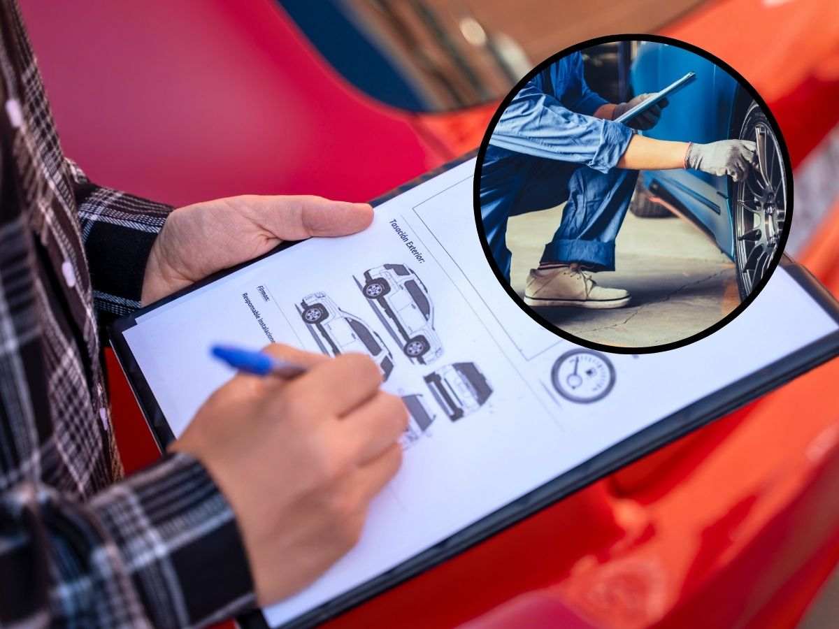 sfondo revisione auto e tondo con meccanico che guarda ruota