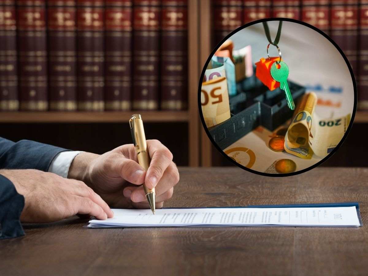 sfondo uomo che scrive in scrivania e tondo con banconote euro e chiave